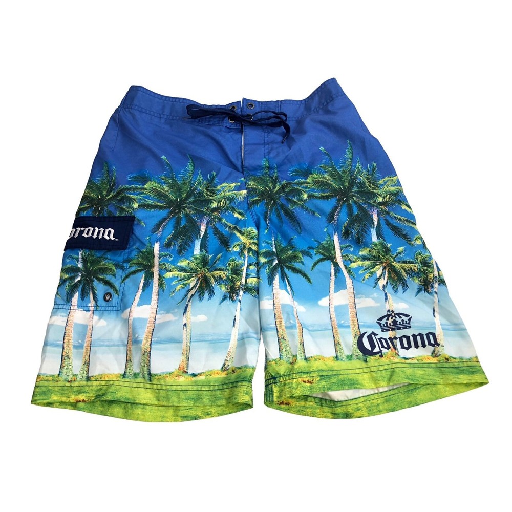 Corona Mens Swim Shorts 34 Blue Palm Tree Print Trunks Mesh Lined